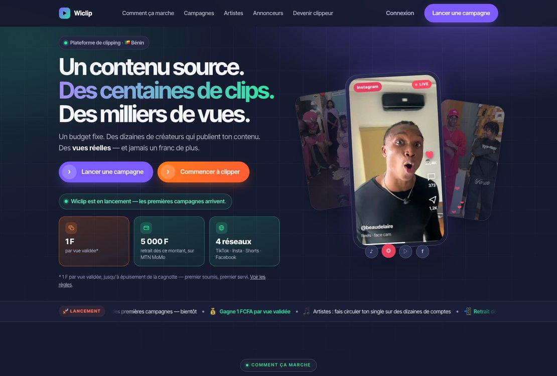 Page d'accueil de Wiclip, plateforme de clipping du Bénin